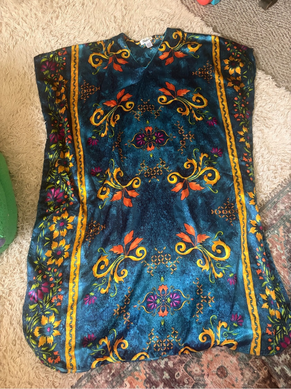 Teal Floral-Print Women's Kaftan with Gold Accents